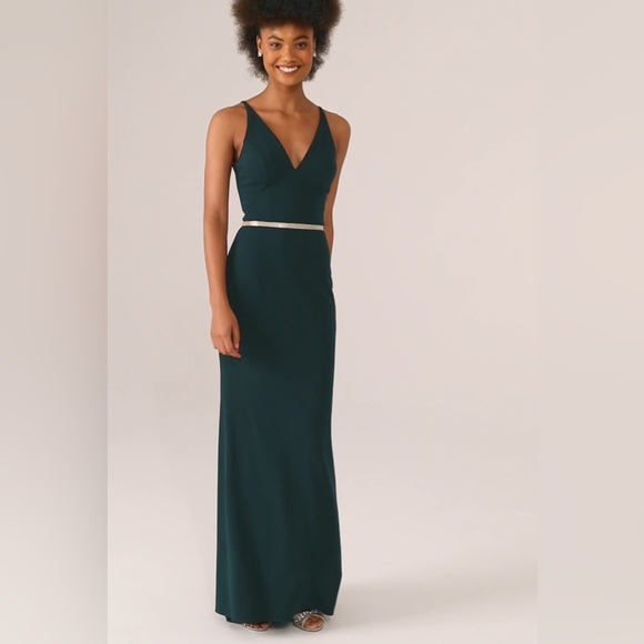green emerald velvet dress Emerald Green Ruffled Straps A-Line Bridesmaid Dress with Slit –  FancyVestido main image 1